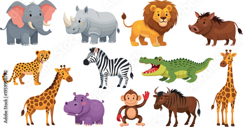 Set of cute wild safari animals cartoon characters including lion elephant giraffe zebra crocodile monkey hippo rhino vector illustration collection