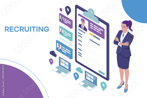 Isometric recruitment and human resources management banner with business woman, digital resume clipboard, and candidate profiles