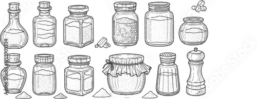 Set of hand drawn spice jars bottles and seasoning containers vintage engraved style kitchen vector illustration collection isolated design elements pack