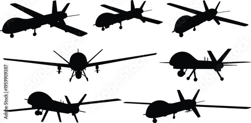 Drone UAV silhouette set aerial vehicle unmanned aircraft vector illustration surveillance technology black isolated design collection modern