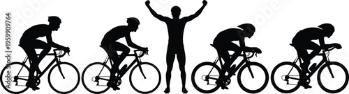 Cycling Race Silhouette Vector Illustration Featuring Four Cyclists in Motion and Victorious Winner Pose Sports Competition Icon for Fitness Athletic Achievement and Design Projects