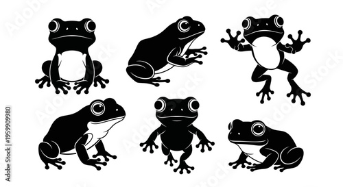 Set of Six Black Frog Silhouettes on White Background