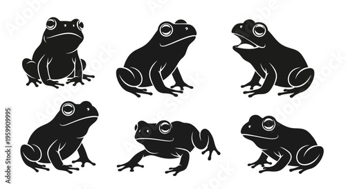Set of Six Black Frogs Silhouettes on White Background, Vector Illustration