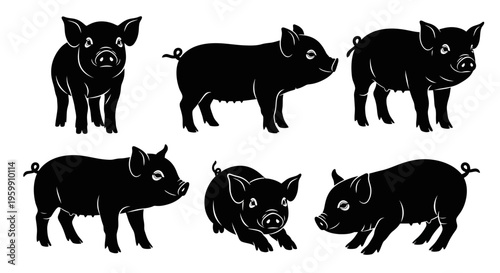 Set of Six Black Pig Silhouettes in Various Poses