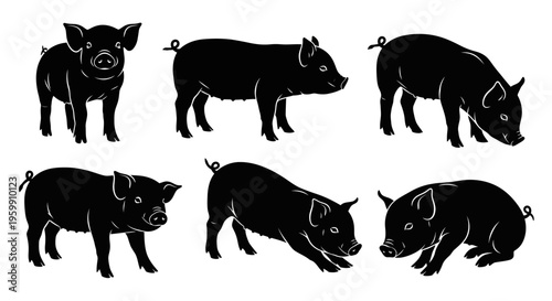 Set of Six Black Pig Silhouettes in Various Poses