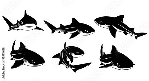 Set of Six Black Shark Silhouettes, Various Poses, Marine Life Icons