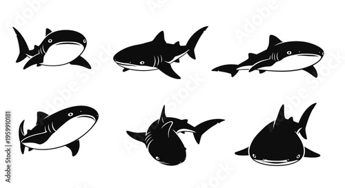 Set of Six Black Shark Silhouettes on White Background - Vector Illustration