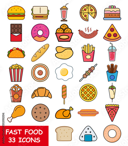Fast food icons set, color line design vector illustration