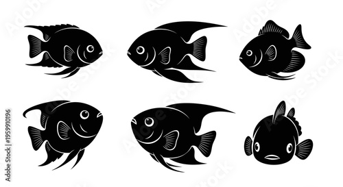 Set of Six Black Silhouette Angelfish Swimming, Isolated on White Background