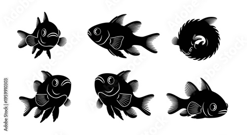 Set of Six Black Silhouette Fish Illustrations, Various Poses, Isolated on White Background