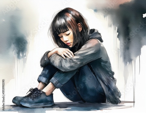 Melancholic watercolor illustration of a young Asian woman sitting in solitude, reflecting deep emotion and loneliness.