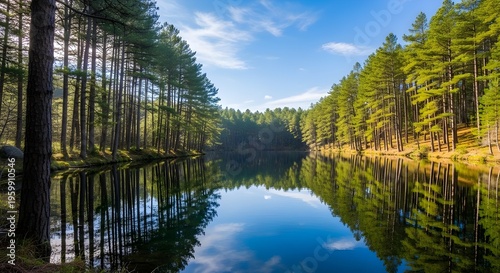 A wide angle view of a mirror-like lake surface reflecting a vibrant green forest with warm sunlight filtering through the trees.
