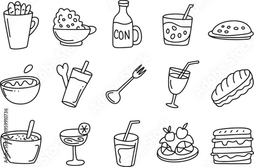 Breakfast and beverage collection with drinks cups snacks and utensils in simple hand drawn art style. Vector illustration