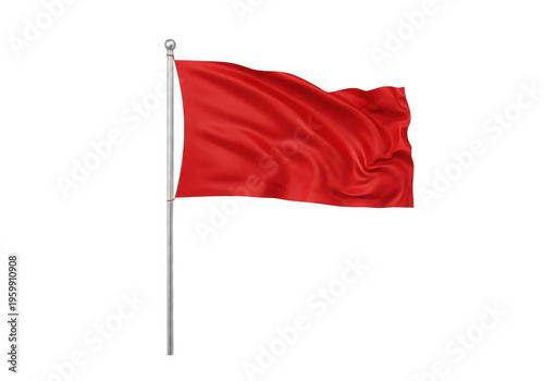 Bright red flag waving in the wind on a pole isolated on transparent background