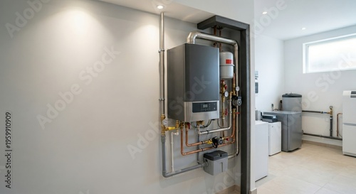 Bild auf Leinwand Condensing boiler system in modern utility room with pipes and equipment