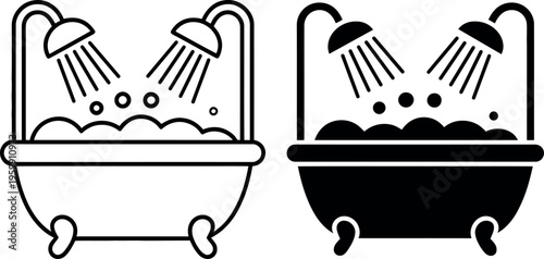 Comparison of a regular bathtub and a filled modern style bathtub with showerheads