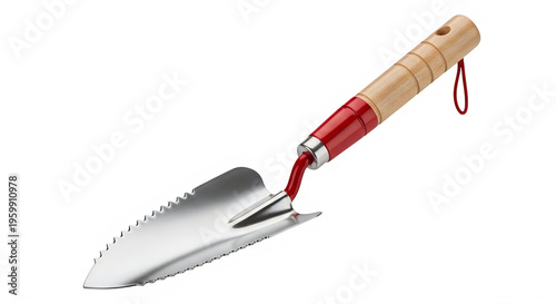 A metal trowel with a red and wooden handle isolated on transparent background, isolated on white background