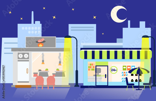 어두운 밤 조명이 켜진 상점들이 늘어선 감성적인 거리 풍경 일러스트