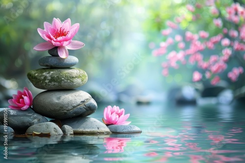 Balanced stones and pink lotus flowers rest peacefully on a tranquil water surface with soft, blooming branches in the background.