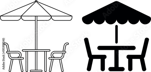 Contrast between a light-colored and dark-colored outdoor café setups with umbrellas