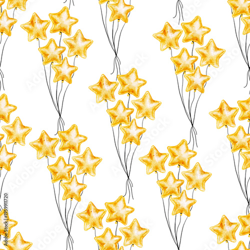 Watercolor pattern featuring star balloons for a birthday party, festive background