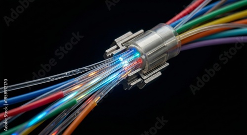 Fiber optic cables connected to a splice with colorful wires and light transmission