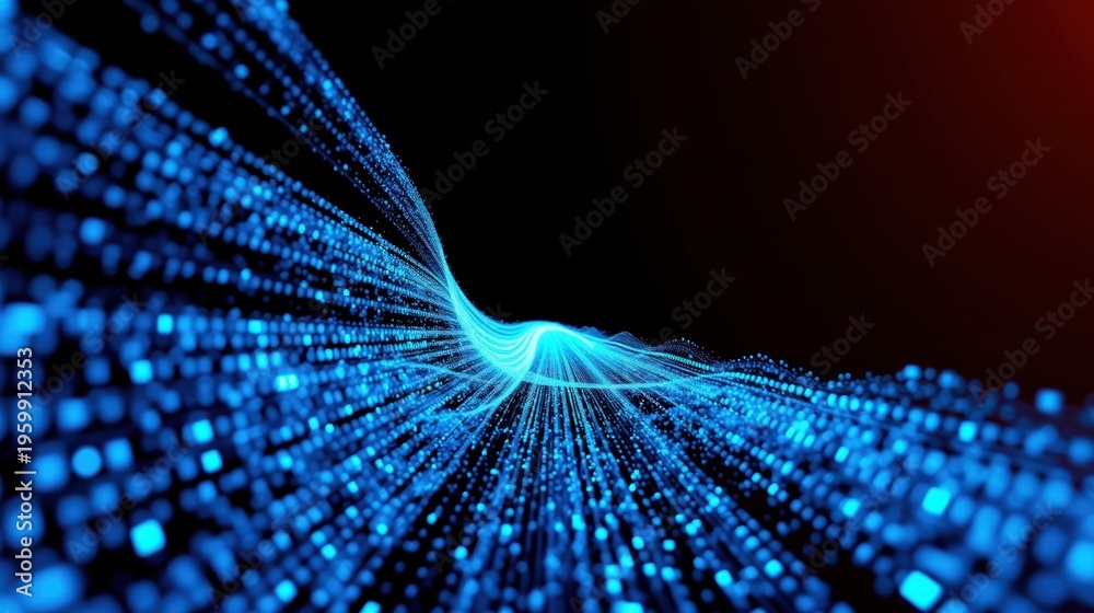 Fototapeta premium Bright blue particles flow toward viewer. Dark background creates depth, suggesting speed, technology, future concepts.