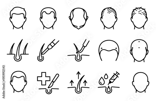 Hair Transplant and Hair Loss Line Icons Set – Baldness, Follicle Implantation, Regrowth and Scalp Treatment Outline Collection