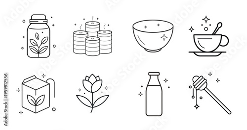 Tea leaf and packaging outline icon set featuring organic tea leaves, tea bag labels, paper boxes, milk cartons, and more vector illustration on editable stroke