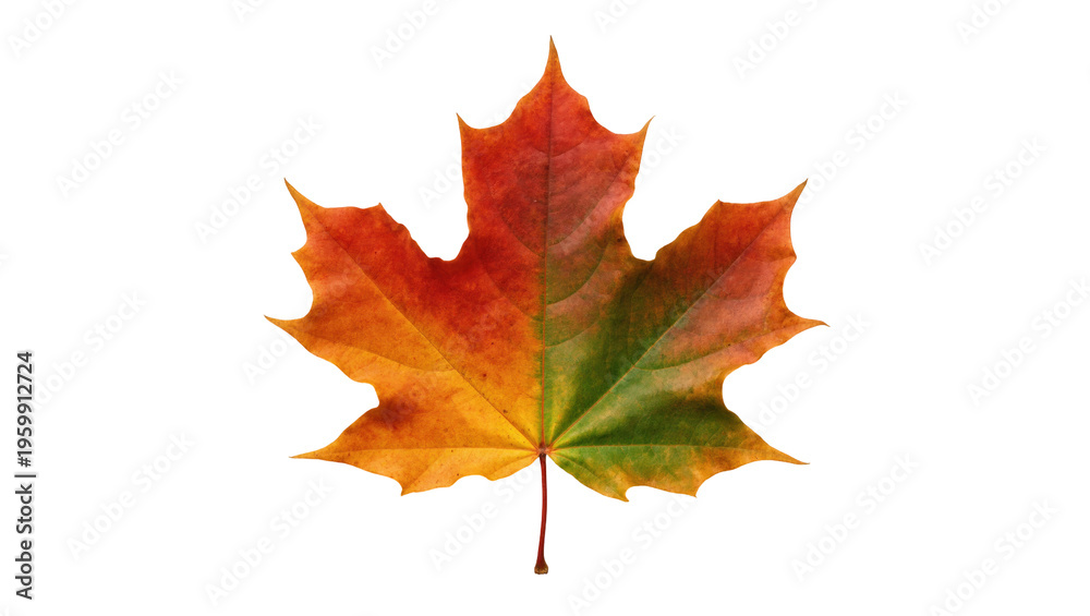 Fototapeta premium Colorful maple leaf with a striking transition of fall colors from vibrant red to green