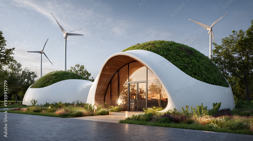 Fototapeta premium Sustainable eco friendly dome buildings with green roof vegetation and wind turbines in