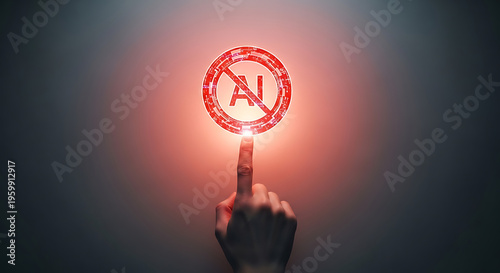 Finger touches glowing red prohibition sign with letters AI, concept of no artificial intelligence, human hand, digital warning symbol, technology