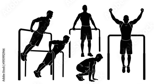 Silhouette Men Exercising on Parallel Bars and Pull-up Bar