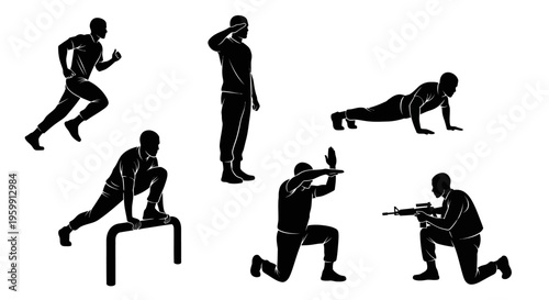 Military Fitness Training: Soldier Exercises Silhouette Set