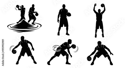 Basketball Player Silhouettes: Dribbling, Shooting, Jumping - Action Set