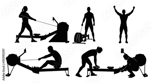 Silhouettes of People Exercising on Rowing Machines