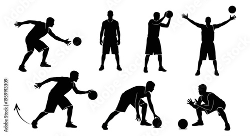 Basketball Player Silhouettes: Dribbling, Shooting, Passing & Defense Poses