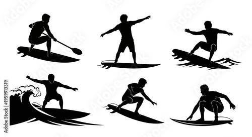 Surfer Silhouettes Collection: Paddleboarding, Surfing, and SUP Poses