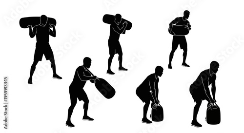 Silhouette of man performing sandbag exercises: lifting, carrying, and squatting