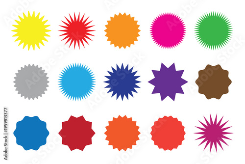 Large Collection of Colorful Sunburst Badges, Scalloped Stickers, and Vibrant Starburst Labels for Retail Sales, Marketing Promotions, and Price Tags.