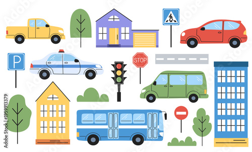 City traffic and buildings set for kids. Flat cartoon car, bus, houses, trees and road signs isolated on white background. Handdrawn doodle collection of town elements and transport