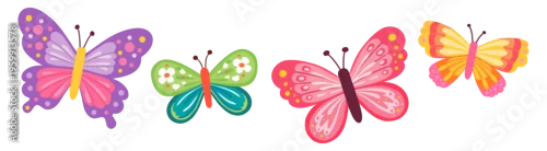 Fototapeta na wymiar Butterfly illustration set Transparent Colorful butterflies group with four cute insect characters isolated on white background Spring summer nature collection