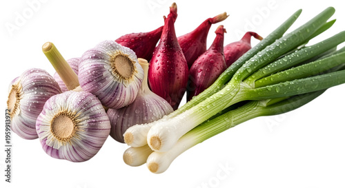 Fresh garlic bulbs red shallots and green onions vegetables