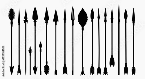 Collection of various arrowheads and arrows in a dark silhouette