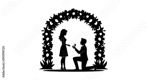 A romantic marriage proposal under a floral arch black silhouette