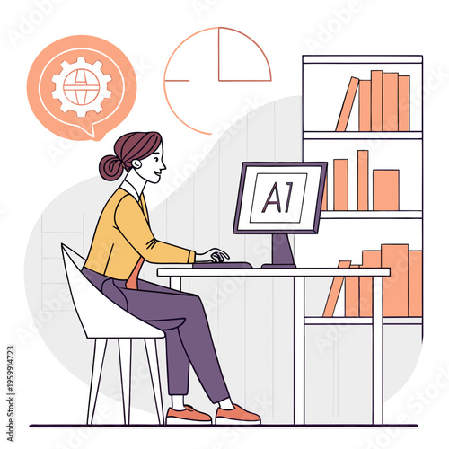 man working on computer. A vector illustration of a woman in office casual attire working with an AI.