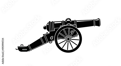 Vintage cannon illustration side view black and white historical weapon silhouette