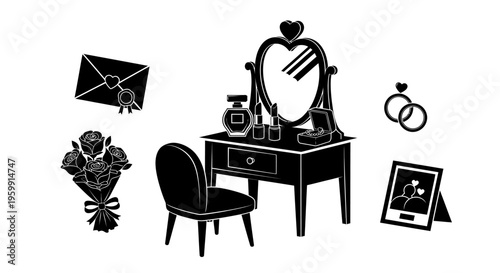 Elegant vanity set with accessories depicted in a striking silhouette