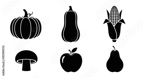 Autumn harvest icons featuring pumpkins corn apples and more silhouette