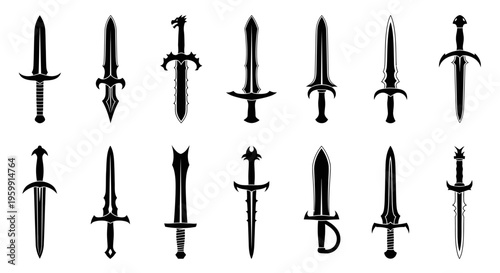 Collection of medieval swords displayed in a stark black silhouette